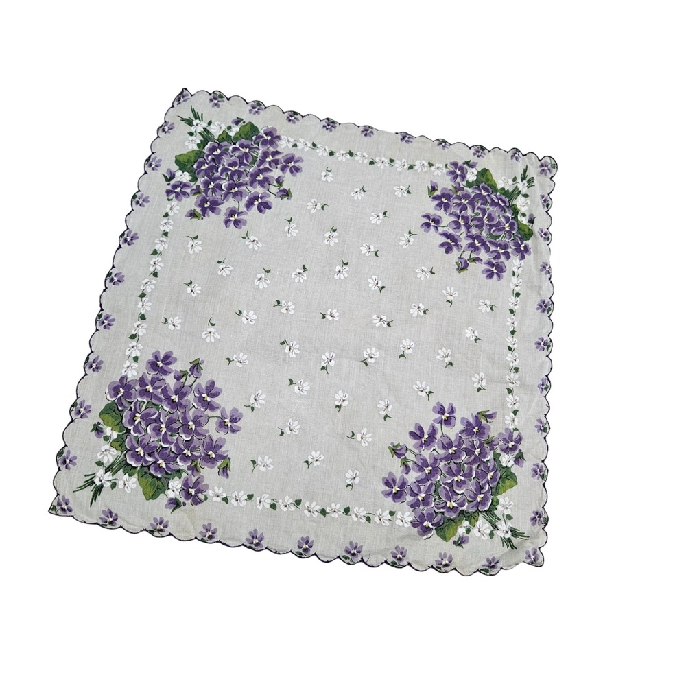 Vintage‎ Floral Handkerchief Purple Violets White Flowers Scalloped Edge Sheer
